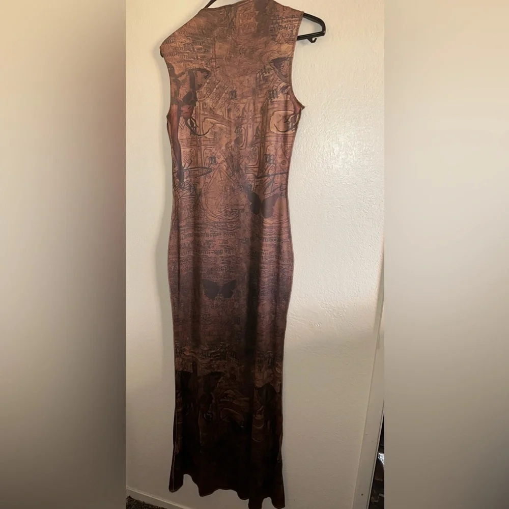 KOLLYY Y2K Long Bodycon Dress With Cut Out Chest Detail Women Size Large Brown - Picture 6 of 6